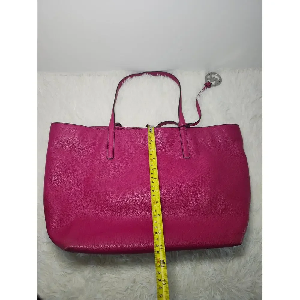 Michael Kors Tote Bag Fuchsia Leather Silver Shoulder Minimalist MK Charm